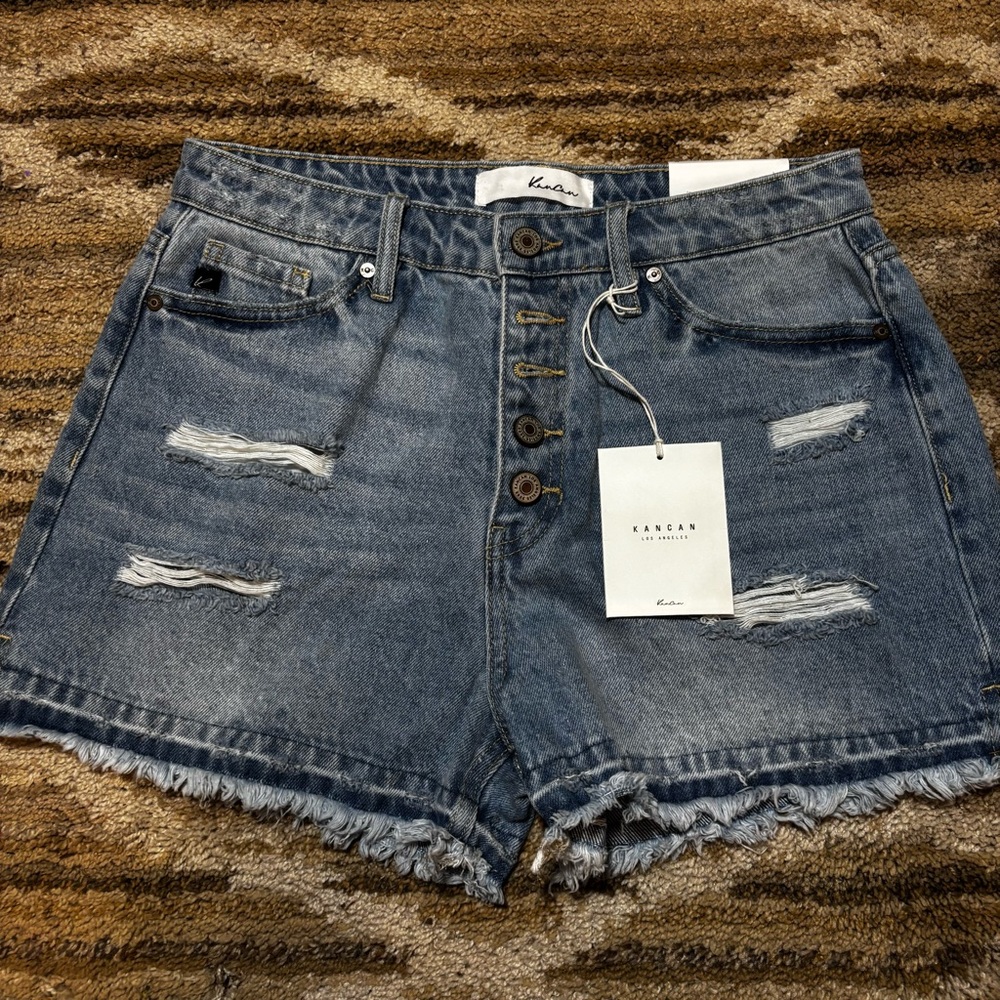KanCan Women's‎ Button-Fly Jean Shorts - Dark Blue